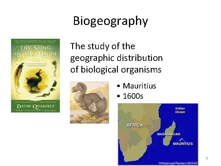 Biogeography The study of the geographic distribution of biological organisms • Mauritius • 1600