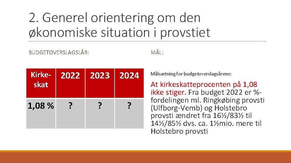 2. Generel orientering om den økonomiske situation i provstiet BUDGETOVERSLAGSLÅR: MÅL: Kirkeskat 2022 2023