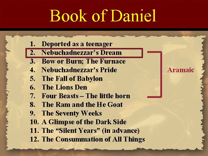Book of Daniel 1. 2. 3. 4. 5. 6. 7. 8. 9. 10. 11.