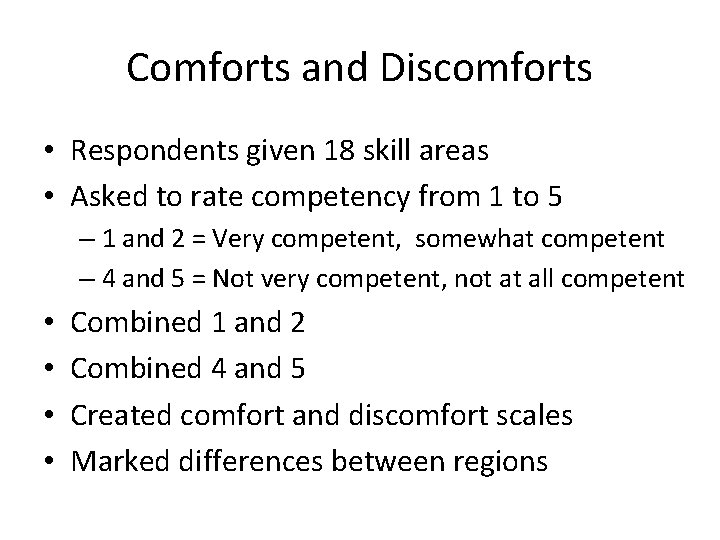 Comforts and Discomforts • Respondents given 18 skill areas • Asked to rate competency