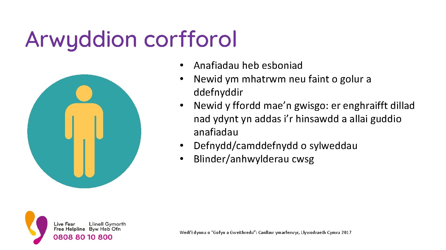 Arwyddion corfforol • Anafiadau heb esboniad • Newid ym mhatrwm neu faint o golur