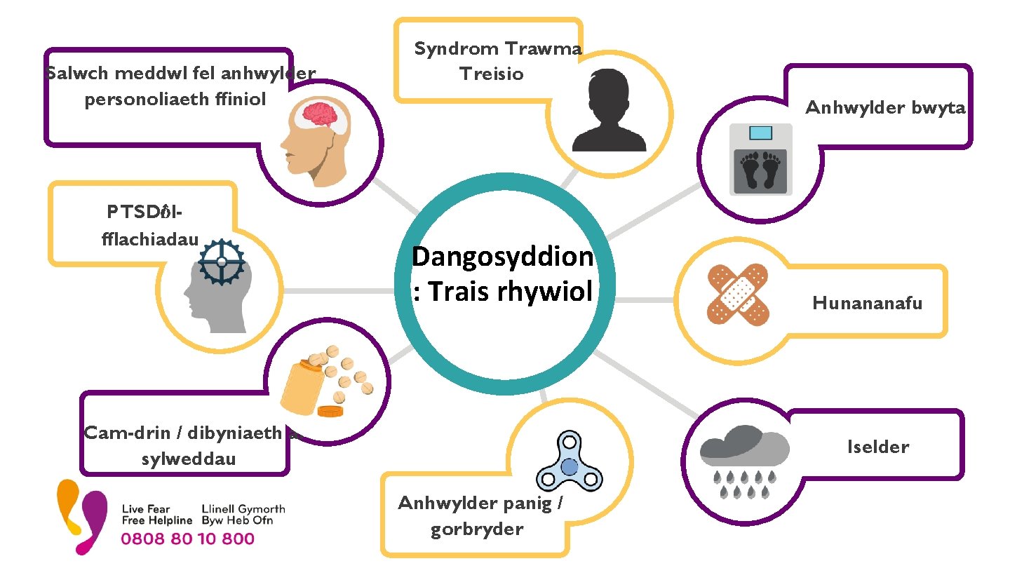 Salwch meddwl fel anhwylder personoliaeth ffiniol PTSD/ôlfflachiadau Syndrom Trawma Treisio Anhwylder bwyta Dangosyddion :