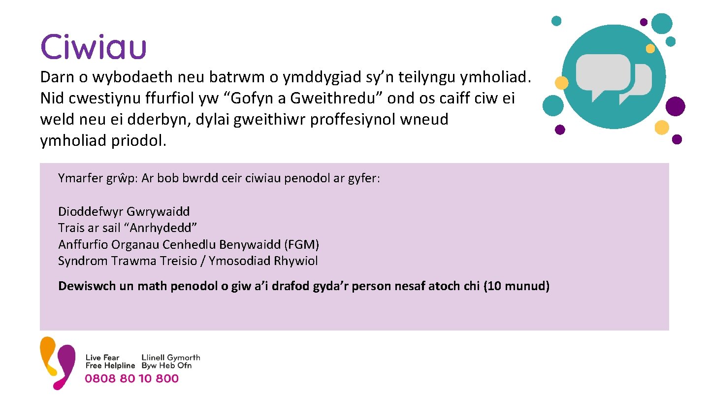 Ciwiau Darn o wybodaeth neu batrwm o ymddygiad sy’n teilyngu ymholiad. Nid cwestiynu ffurfiol