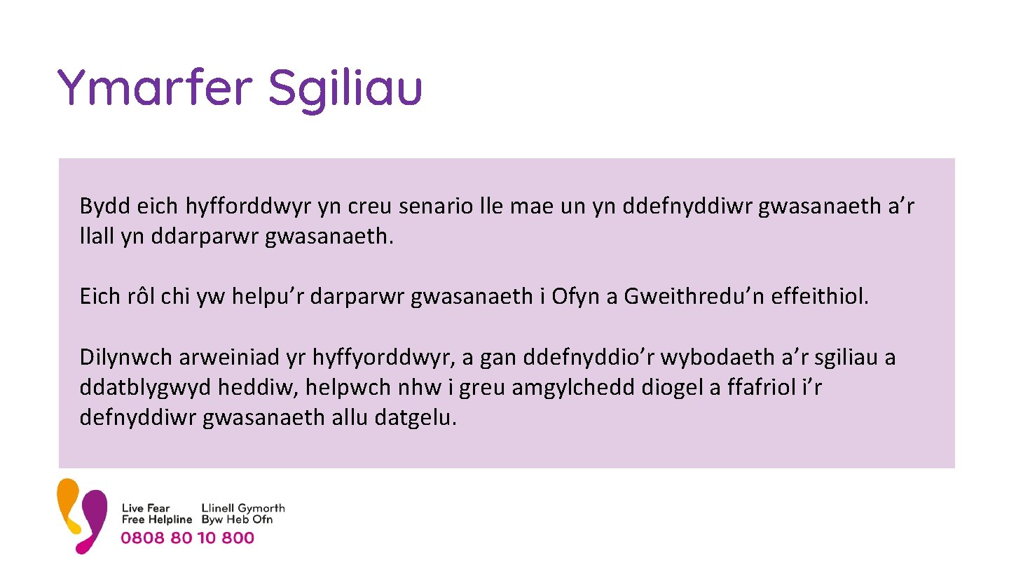 Ymarfer Sgiliau Bydd eich hyfforddwyr yn creu senario lle mae un yn ddefnyddiwr gwasanaeth