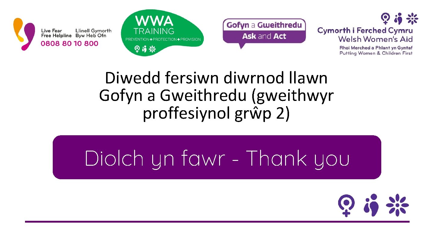 Diwedd fersiwn diwrnod llawn Gofyn a Gweithredu (gweithwyr proffesiynol grŵp 2) Diolch yn fawr