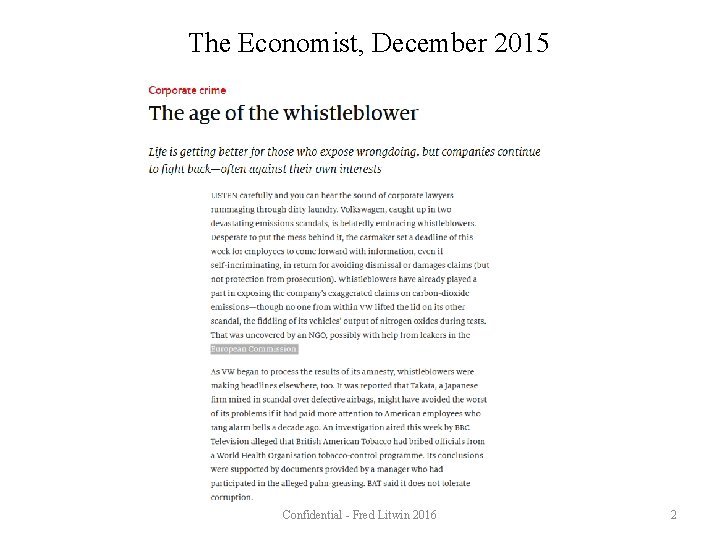 The Economist, December 2015 Confidential - Fred Litwin 2016 2 