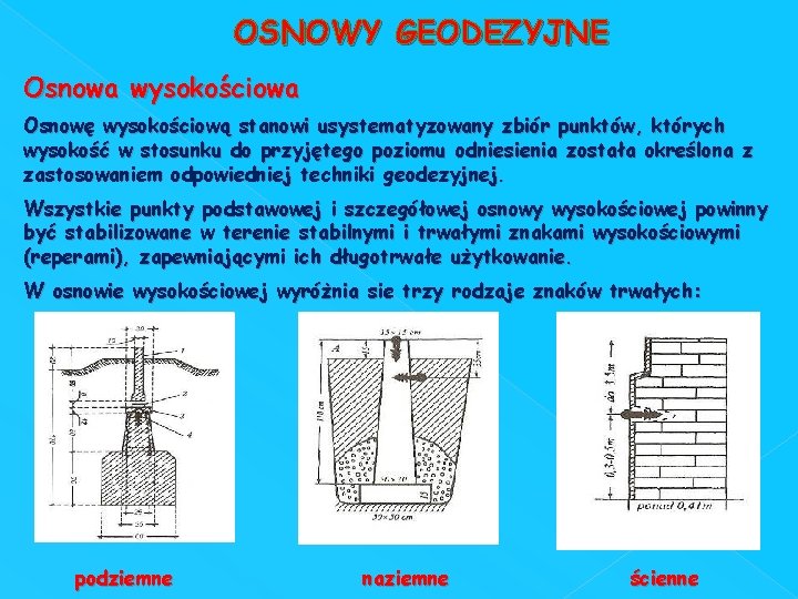 OSNOWY GEODEZYJNE Osnowa wysokościowa Osnowę wysokościową stanowi usystematyzowany zbiór punktów, których wysokość w stosunku