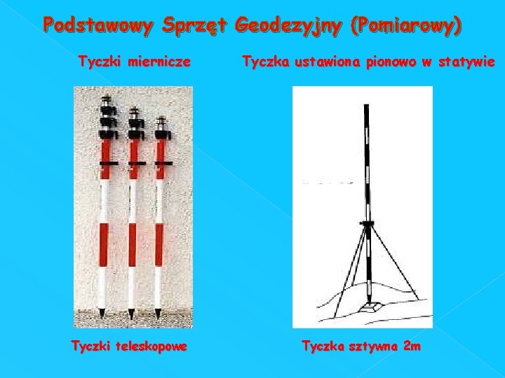 Podstawowy Sprzęt Geodezyjny (Pomiarowy) Tyczki miernicze Tyczki teleskopowe Tyczka ustawiona pionowo w statywie Tyczka