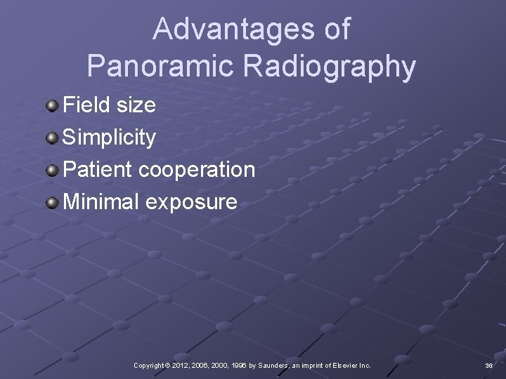 Advantages of Panoramic Radiography Field size Simplicity Patient cooperation Minimal exposure Copyright © 2012,