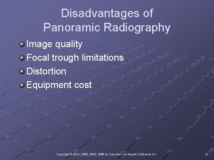 Disadvantages of Panoramic Radiography Image quality Focal trough limitations Distortion Equipment cost Copyright ©