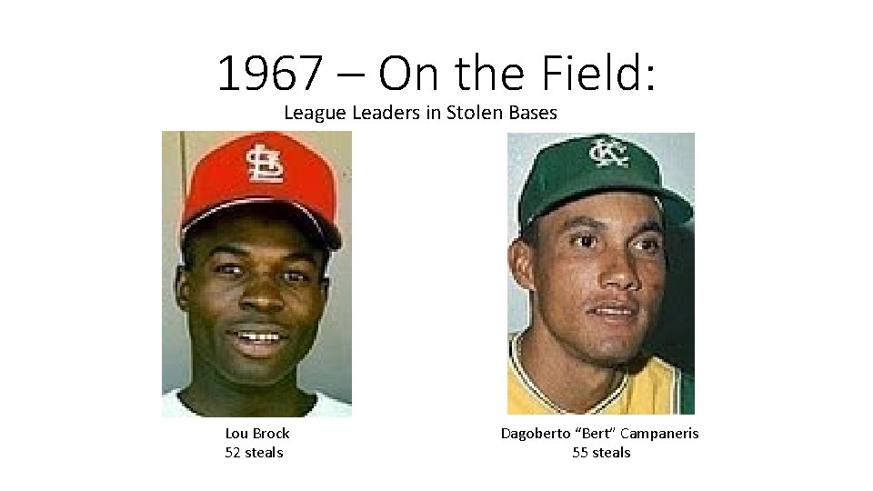 1967 – On the Field: League Leaders in Stolen Bases Lou Brock 52 steals