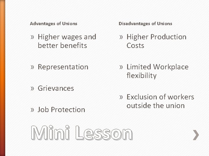 Advantages of Unions Disadvantages of Unions » Higher wages and better benefits » Higher