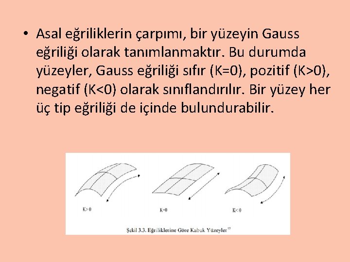  • Asal eğriliklerin çarpımı, bir yüzeyin Gauss eğriliği olarak tanımlanmaktır. Bu durumda yüzeyler,