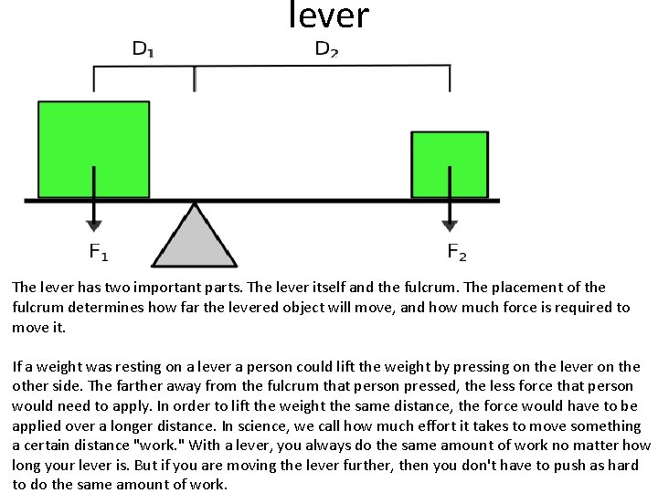 lever The lever has two important parts. The lever itself and the fulcrum. The
