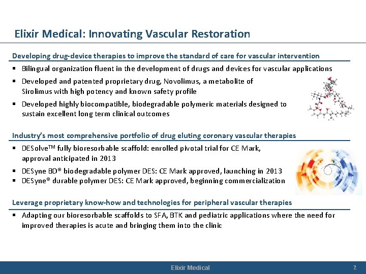 Elixir Medical: Innovating Vascular Restoration Developing drug-device therapies to improve the standard of care Elixir Medical: Innovating Vascular Restoration Developing drug-device therapies to improve the standard of care