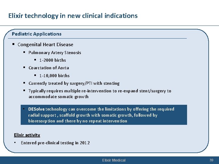 Elixir technology in new clinical indications Pediatric Applications § Congenital Heart Disease § Pulmonary Elixir technology in new clinical indications Pediatric Applications § Congenital Heart Disease § Pulmonary