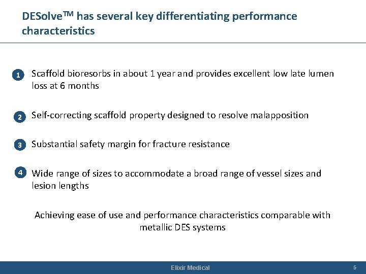 DESolve. TM has several key differentiating performance characteristics 1 Scaffold bioresorbs in about 1 DESolve. TM has several key differentiating performance characteristics 1 Scaffold bioresorbs in about 1