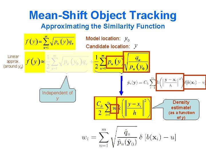 Mean-Shift Object Tracking Approximating the Similarity Function Model location: Candidate location: Linear approx. (around