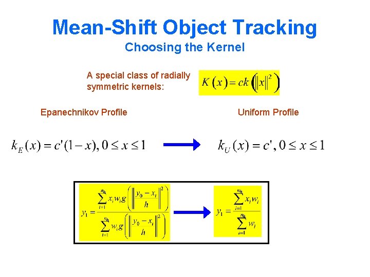 Mean-Shift Object Tracking Choosing the Kernel A special class of radially symmetric kernels: Epanechnikov