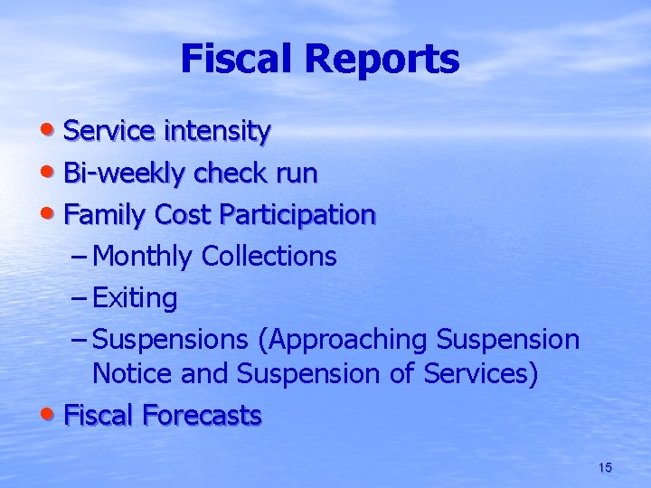 Fiscal Reports • Service intensity • Bi-weekly check run • Family Cost Participation –