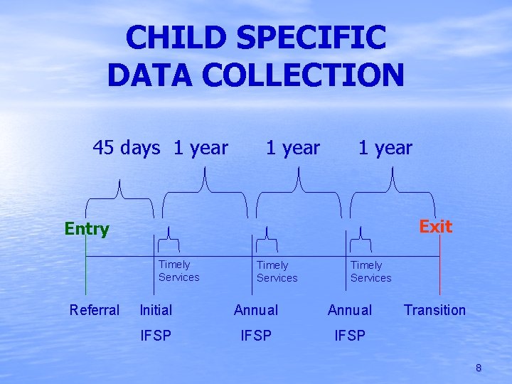 CHILD SPECIFIC DATA COLLECTION 45 days 1 year Exit Entry Timely Services Referral Timely