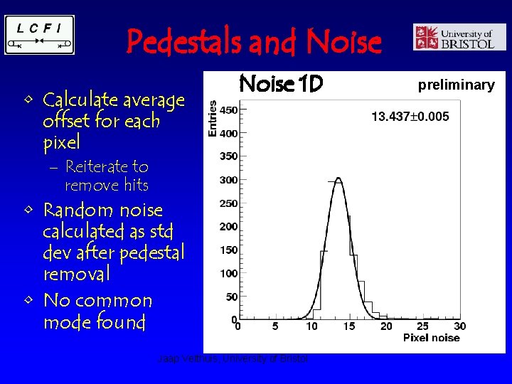 Pedestals and Noise • Calculate average offset for each pixel Noise 2 D 1