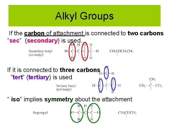 Alkyl Groups If the carbon of attachment is connected to two carbons “sec” (secondary)