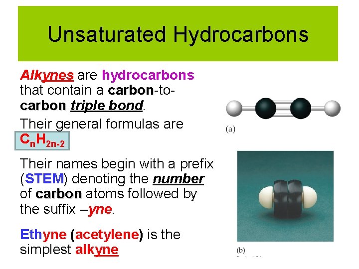 Unsaturated Hydrocarbons Alkynes are hydrocarbons that contain a carbon-tocarbon triple bond. Their general formulas