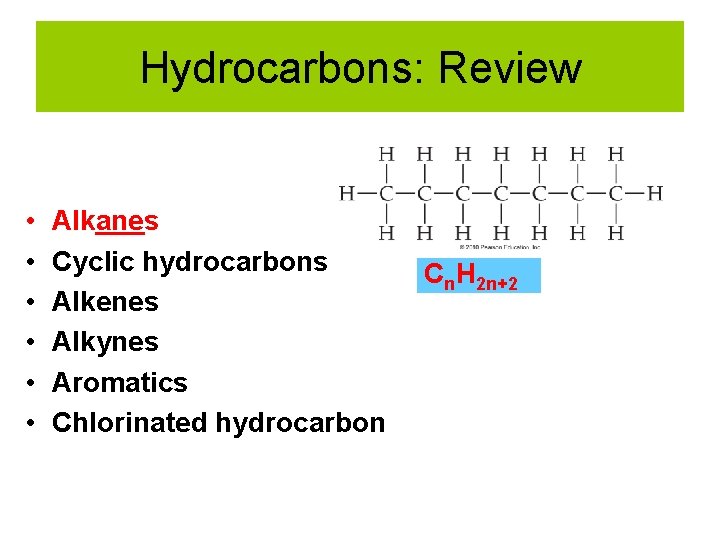 Hydrocarbons: Review • • • Alkanes Cyclic hydrocarbons Alkenes Alkynes Aromatics Chlorinated hydrocarbon Cn.