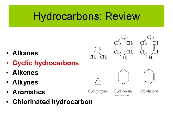 Hydrocarbons: Review • • • Alkanes Cyclic hydrocarbons Alkenes Alkynes Aromatics Chlorinated hydrocarbon 