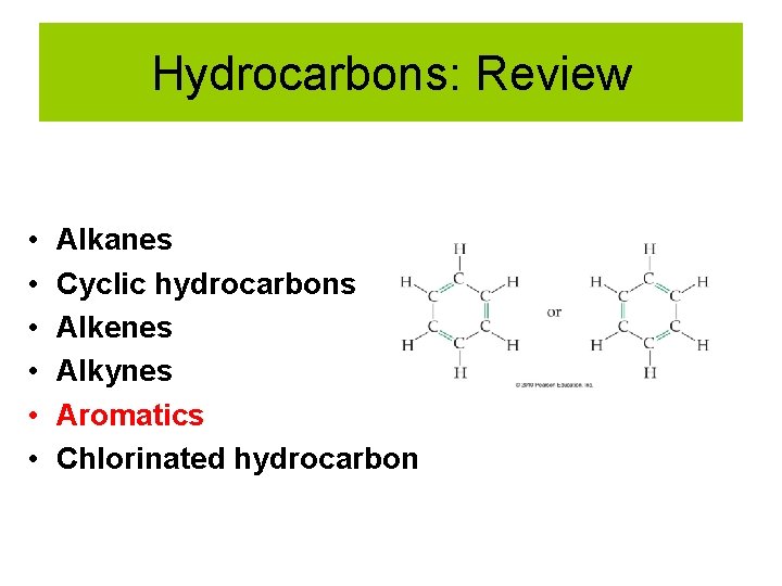 Hydrocarbons: Review • • • Alkanes Cyclic hydrocarbons Alkenes Alkynes Aromatics Chlorinated hydrocarbon 
