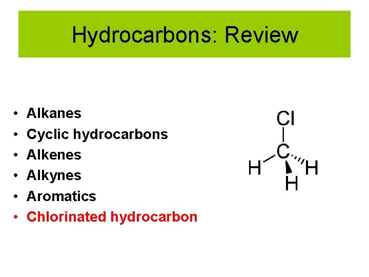 Hydrocarbons: Review • • • Alkanes Cyclic hydrocarbons Alkenes Alkynes Aromatics Chlorinated hydrocarbon 