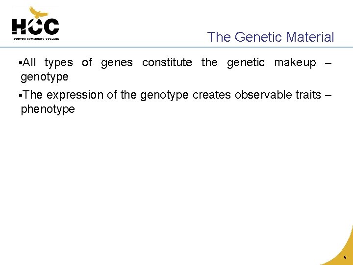 The Genetic Material §All types of genes constitute the genetic makeup – genotype §The