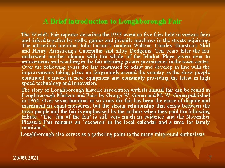 A Brief introduction to Loughborough Fair The World's Fair reporter describes the 1955 event