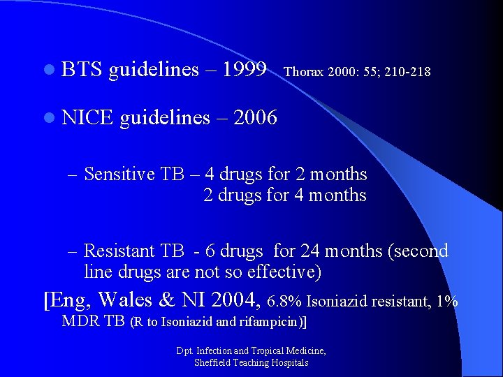 l BTS guidelines – 1999 l NICE Thorax 2000: 55; 210 -218 guidelines –