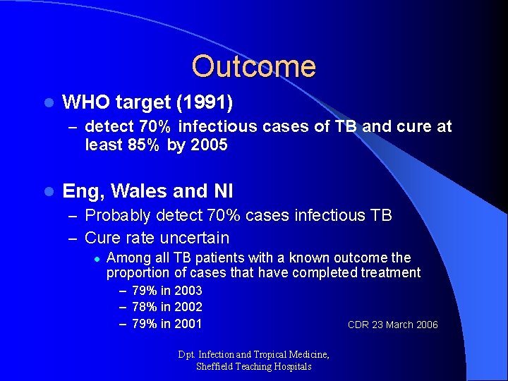 Outcome l WHO target (1991) – detect 70% infectious cases of TB and cure