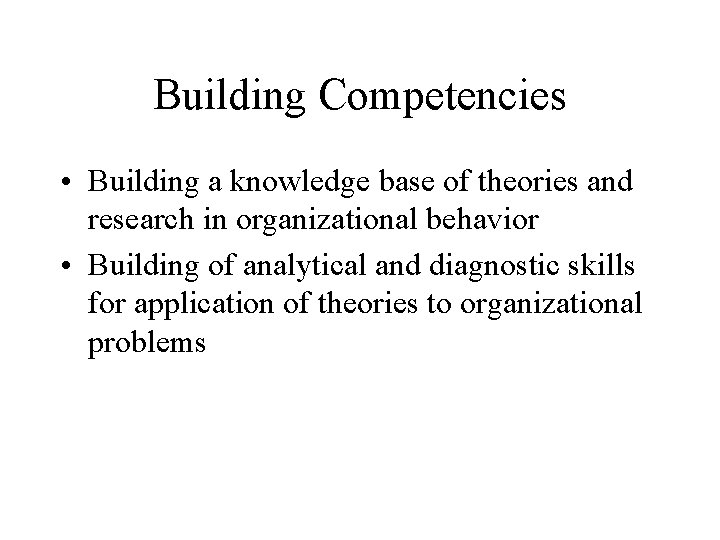 Building Competencies • Building a knowledge base of theories and research in organizational behavior