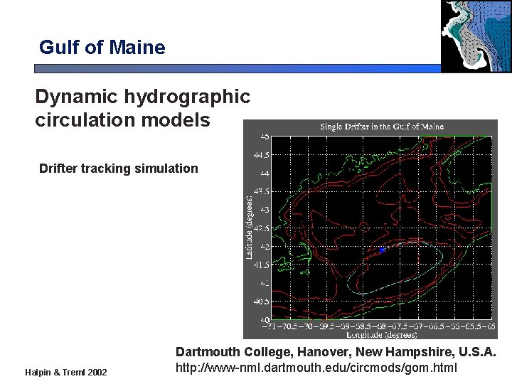 Gulf of Maine Dynamic hydrographic circulation models Drifter tracking simulation Halpin & Treml 2002 Gulf of Maine Dynamic hydrographic circulation models Drifter tracking simulation Halpin & Treml 2002