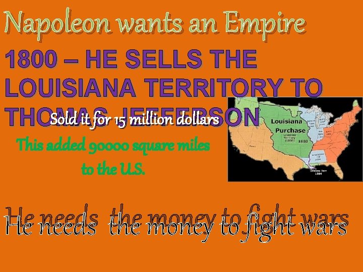 Napoleon wants an Empire 1800 – HE SELLS THE LOUISIANA TERRITORY TO Sold it