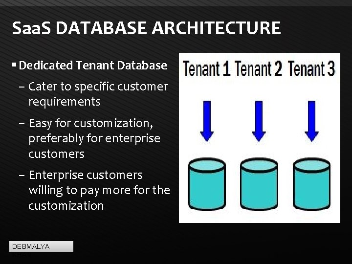 Saa. S DATABASE ARCHITECTURE Dedicated Tenant Database – Cater to specific customer requirements –