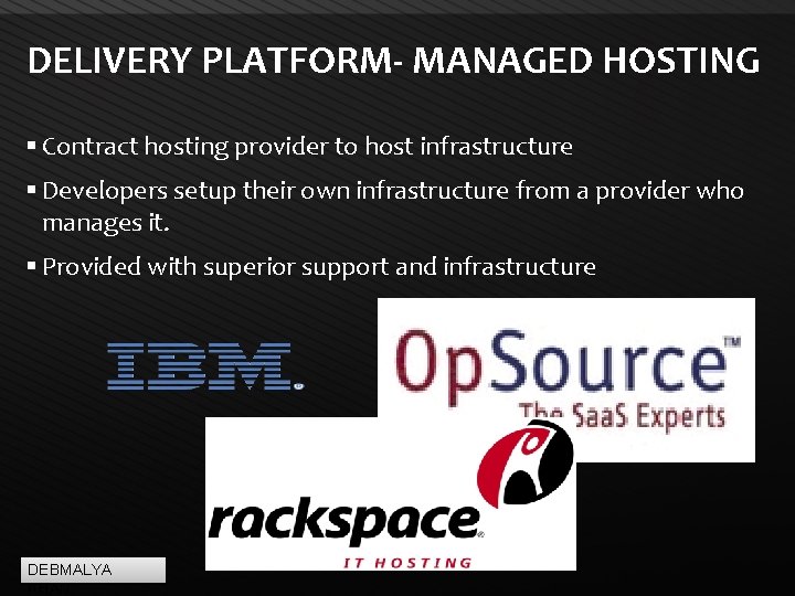 DELIVERY PLATFORM- MANAGED HOSTING Contract hosting provider to host infrastructure Developers setup their own