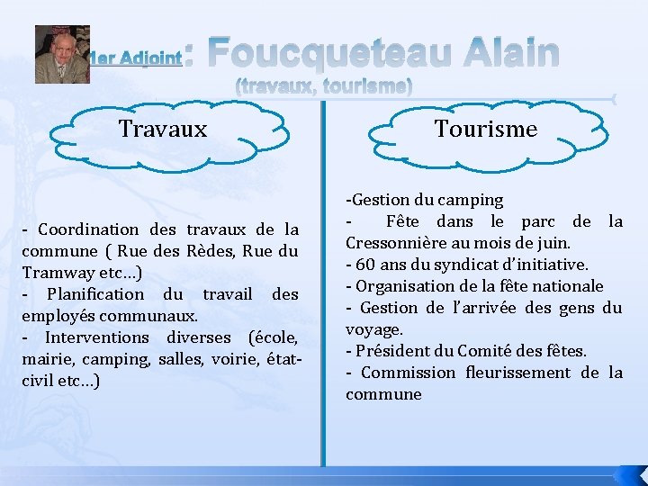1 er Adjoint : Foucqueteau Alain (travaux, tourisme) Travaux Tourisme - Coordination des travaux