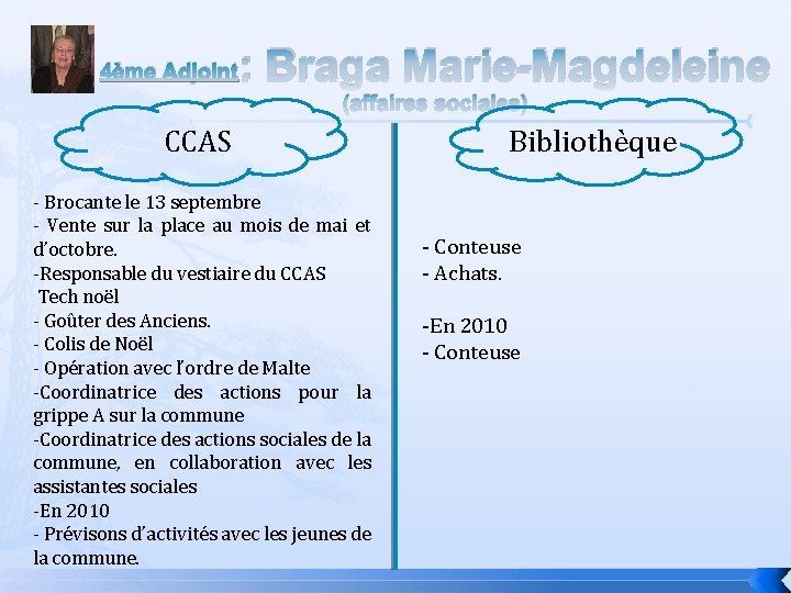 4ème Adjoint : Braga Marie-Magdeleine (affaires sociales) CCAS - Brocante le 13 septembre -