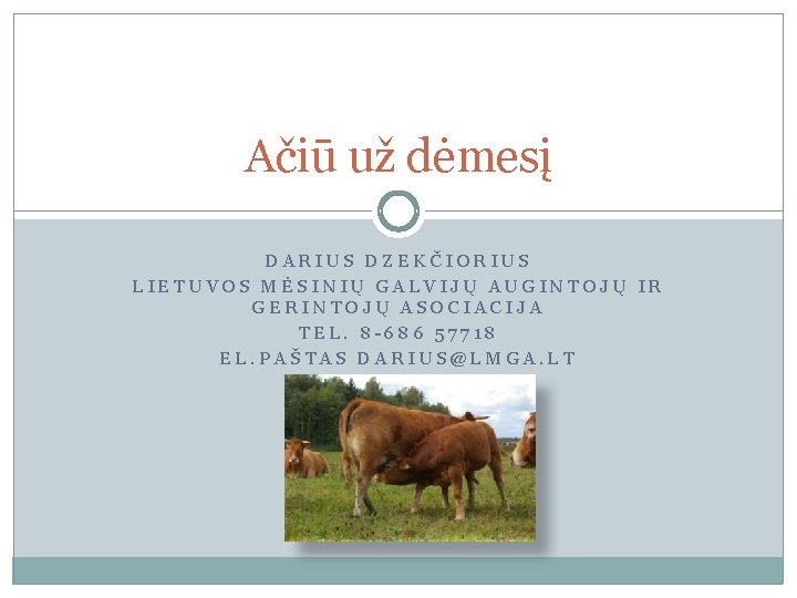 Ačiū už dėmesį DARIUS DZEKČIORIUS LIETUVOS MĖSINIŲ GALVIJŲ AUGINTOJŲ IR GERINTOJŲ ASOCIACIJA TEL. 8