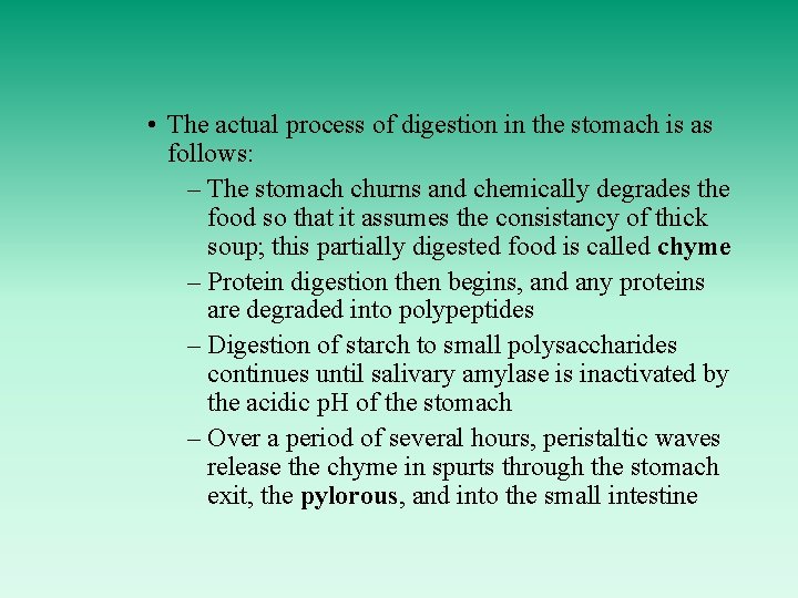  • The actual process of digestion in the stomach is as follows: –