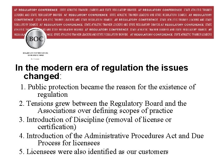 History – cont. In the modern era of regulation the issues changed: 1. Public