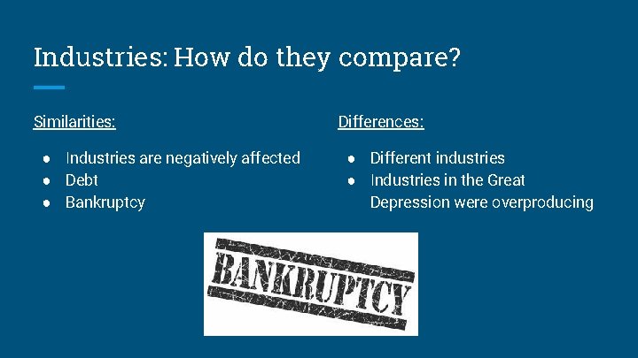 Industries: How do they compare? Similarities: ● Industries are negatively affected ● Debt ●