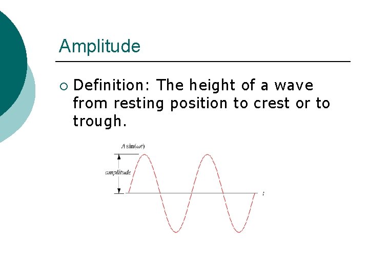 Amplitude ¡ Definition: The height of a wave from resting position to crest or