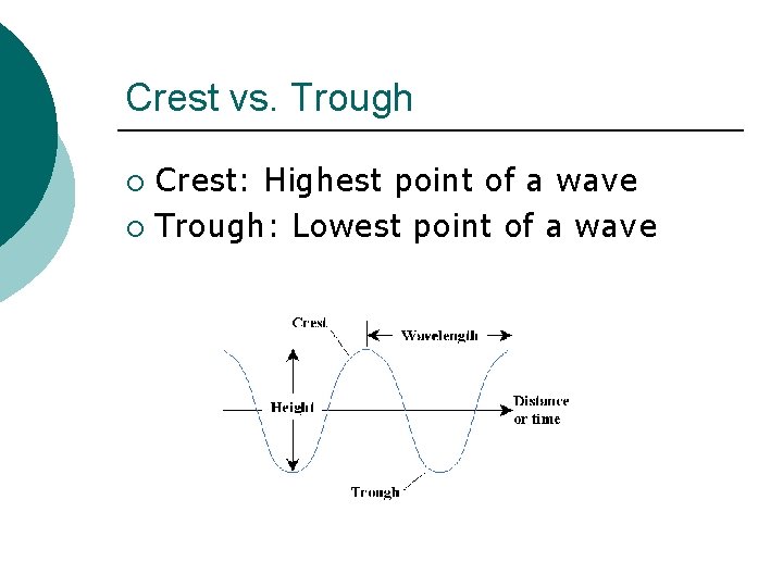 Crest vs. Trough Crest: Highest point of a wave ¡ Trough: Lowest point of