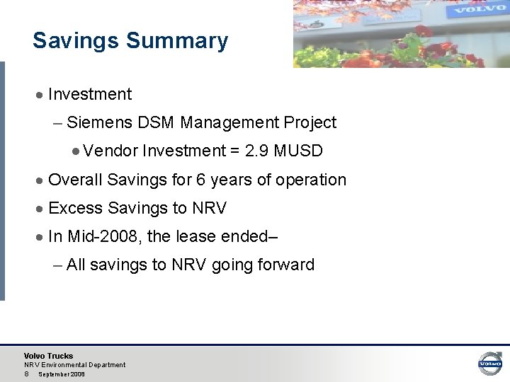 Savings Summary · Investment – Siemens DSM Management Project · Vendor Investment = 2.